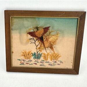 Vintage Enesco Japan Silk Embroidery Pheasant Bird Art Framed Mid Century 15533